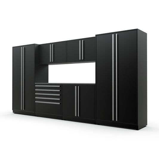 Proslat FusionPlus 13 ft MAX garage cabinet set in Black with Silver handles and a Stainless Steel worktop