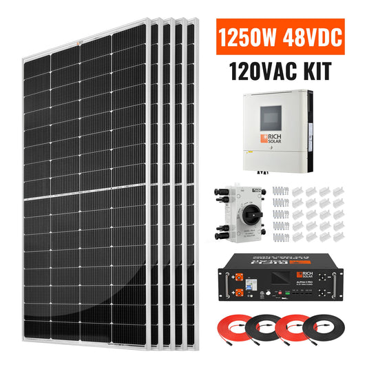 Rich Solar 1250W 48VDC 120VAC Complete Off-Grid Hybrid Solar Kit
