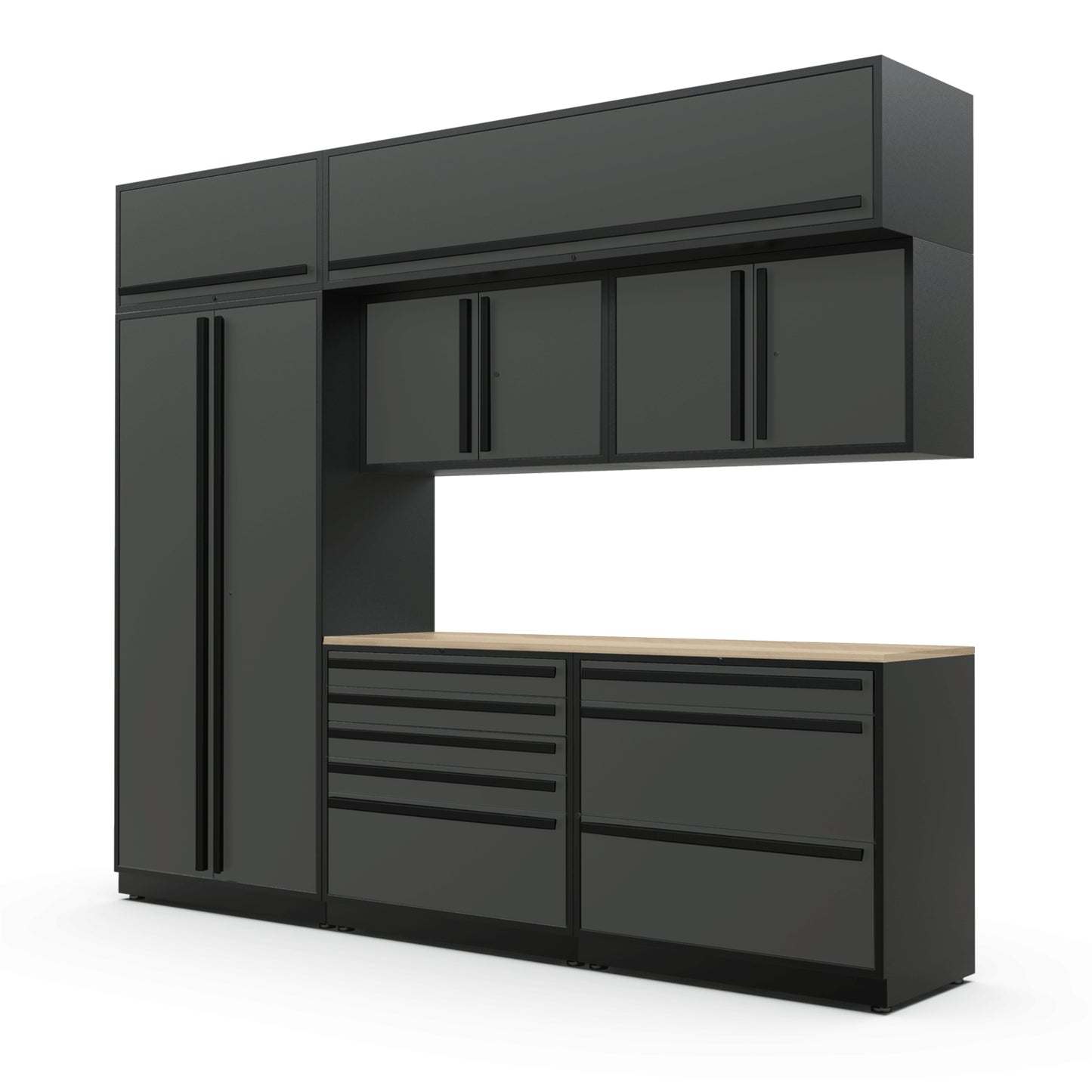 Proslat FusionPlus 10 ft TOOL cabinet set with overheads in Traffic Gray with Black handles and a Maple Wood worktop