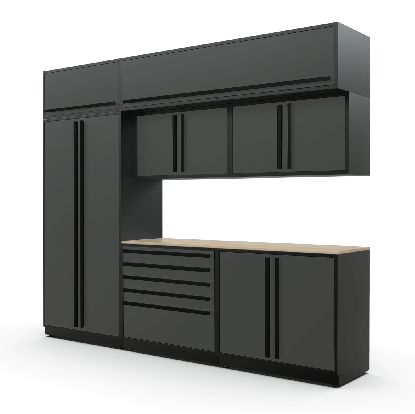 Proslat FusionPlus 10 ft MAX cabinet set with overheads in Traffic Gray with Black handles and a Maple Wood worktop