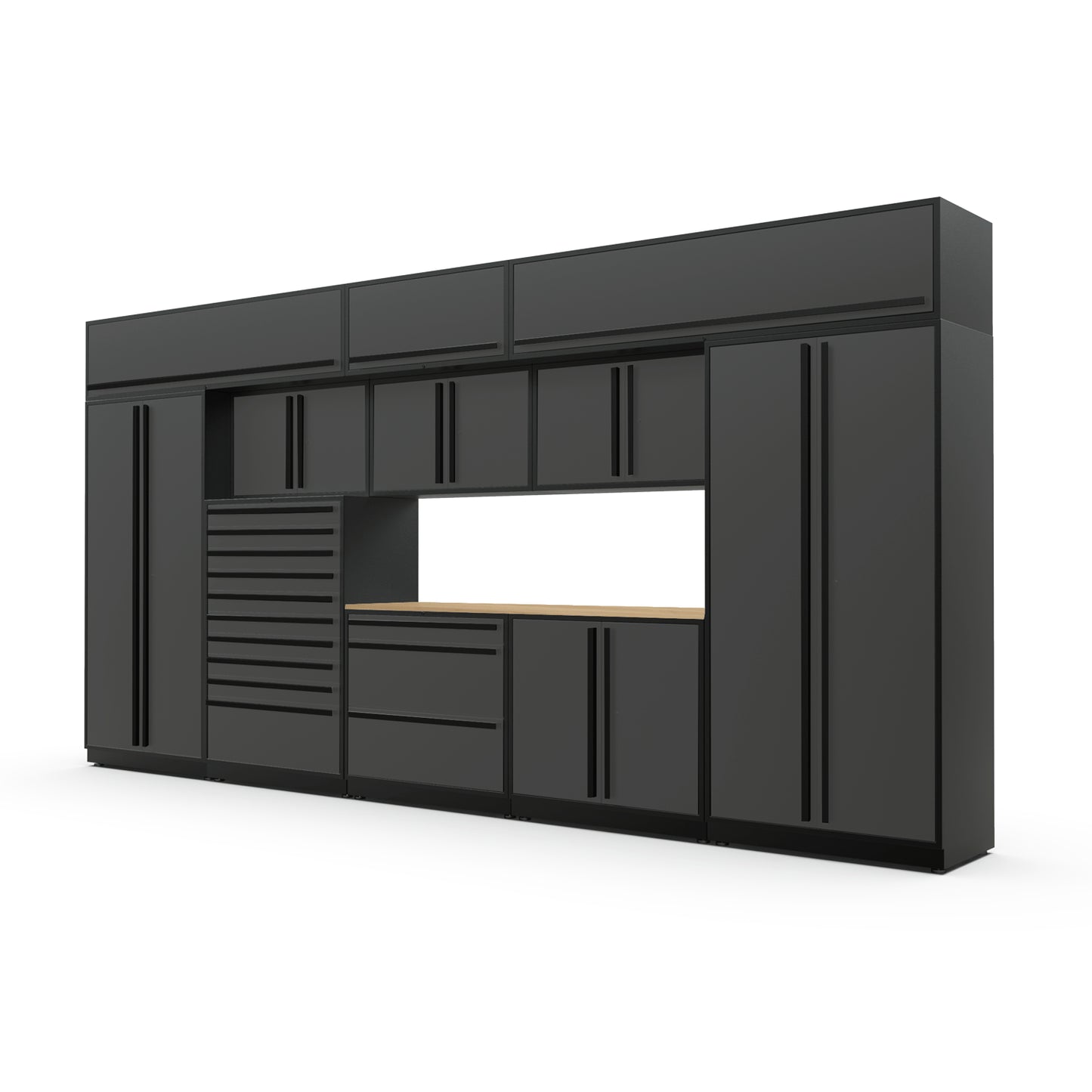 Proslat FusionPlus 16 ft TOOL garage cabinet set with overheads in Traffic Gray with Black handles and a Maple Wood worktop