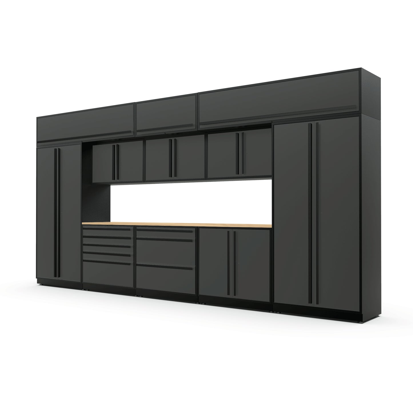Proslat FusionPlus 16 ft MAX garage cabinet set with overheads in Traffic Gray with Black handles and a Maple Wood worktop
