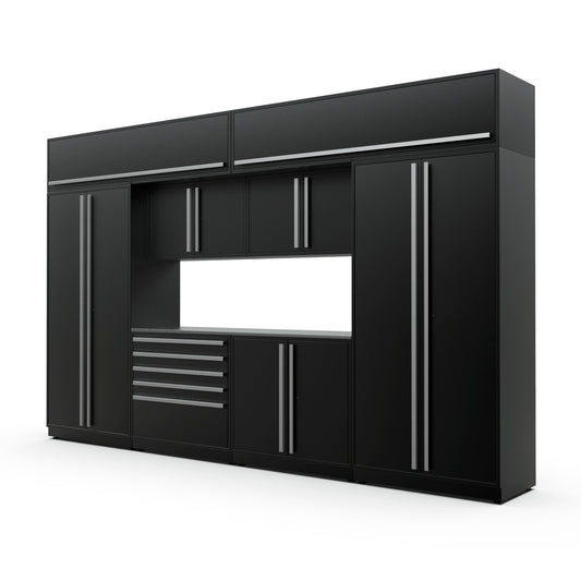 Proslat FusionPlus 13 ft MAX cabinet set with overheads in Black with Silver handles and a Stainless Steel worktop