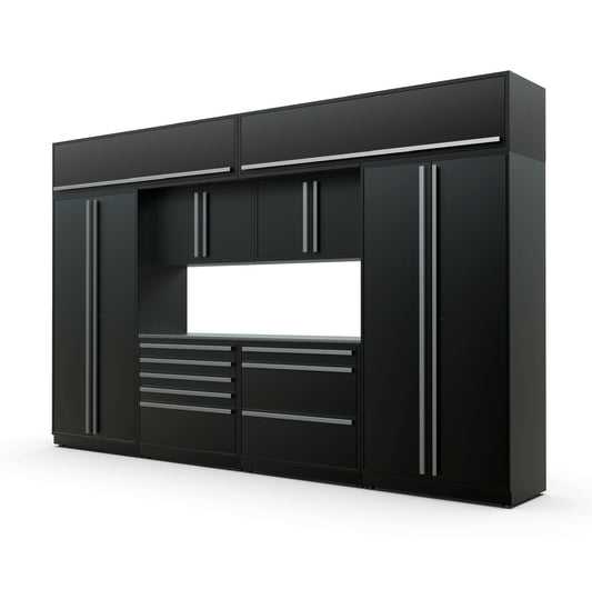 Proslat FusionPlus 13 ft TOOL garage cabinet set with overheads in Black with Silver handles and a Stainless Steel worktop