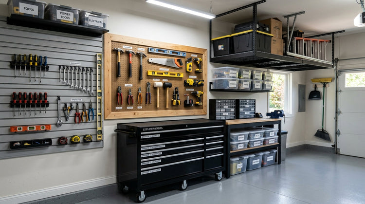 An organized garage with slatwall, pegboard, a rolling chest, and overhead tool storage.
