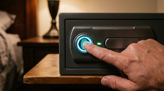 A finger on the fingerprint scanner of a quick-access biometric safe with the keypad lit.