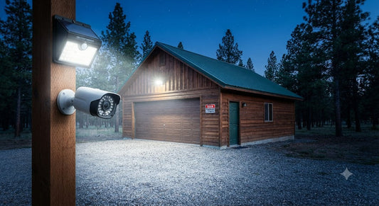 Detached garage at twilight with solar security light and camera mounted on timber post, casting bright glow
