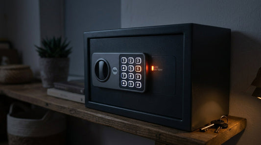 A backlit electronic safe keypad blinking.