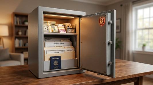 An open fireproof home safe holding documents, a passport, and cash, with a fire-rating badge on the door.