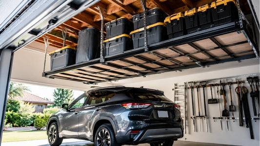 Overhead storage platform mounted across garage ceiling joists holding bins above a parked car.