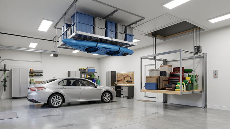 A garage ceiling storage lift and an attic elevator storing gear overhead.