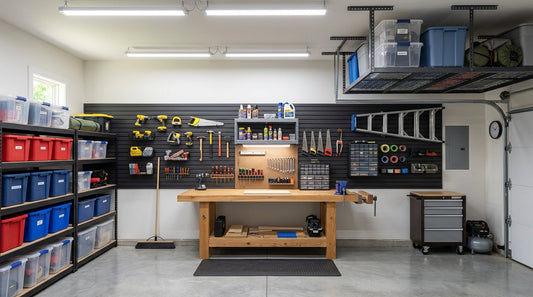 An organized garage workshop with a workbench, wall tool storage, and overhead racks.