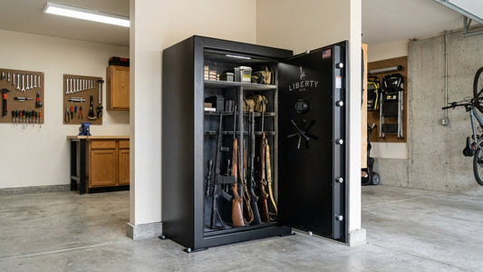 A gun safe anchored in the corner of a garage against an interior wall.