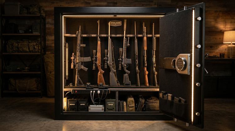 Interior of a gun safe lit by LED strips with a dehumidifier rod and a power strip charging gear.