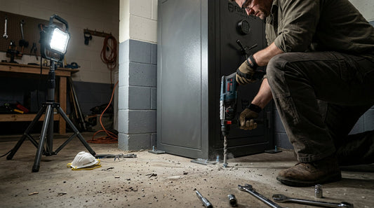 A hammer drill setting an anchor bolt through a safe base into a garage concrete floor.