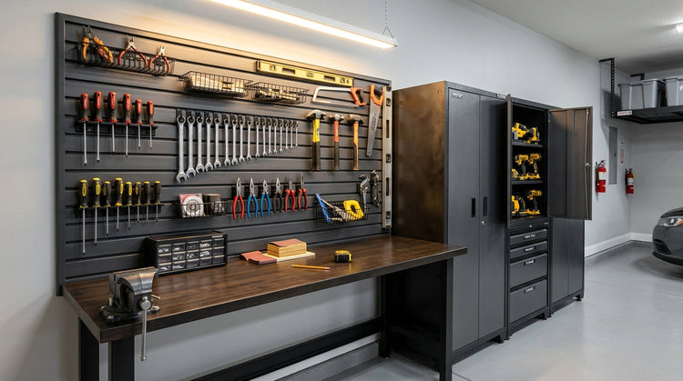 An organized garage with tools sorted on slatwall, in cabinets, and on a workbench.