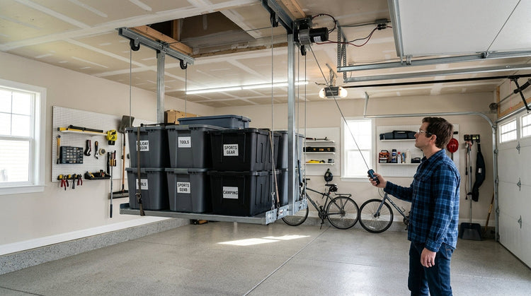 A motorized overhead storage lift raising labeled bins to a garage ceiling.