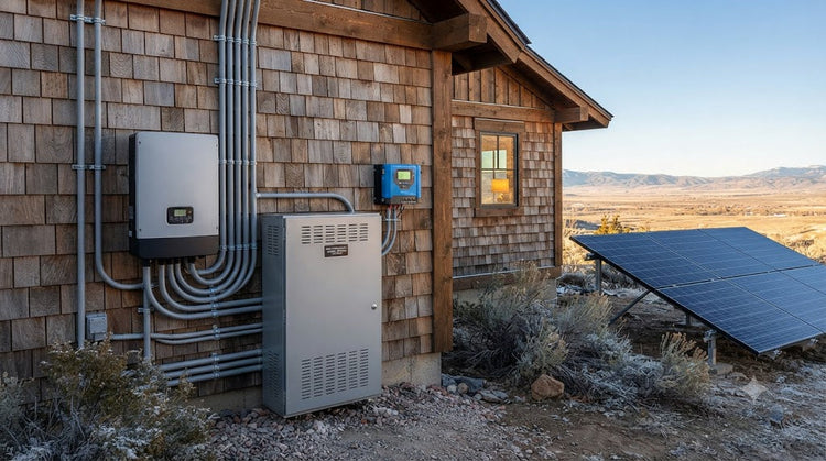 Off-grid solar panel array and wall-mounted battery storage system on house exterior