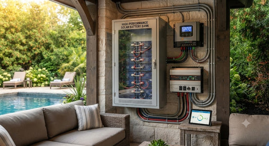 High-performance solar battery bank and charge controller mounted on patio wall.