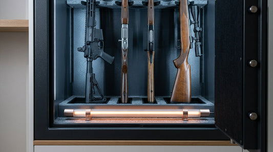 Open gun safe with a dehumidifier rod and humidity gauge keeping rifles and tools rust-free.