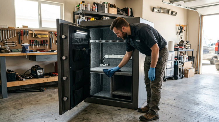 A man with gloved hand wiping the clean carpeted interior of an open garage safe with a dehumidifier rod inside.