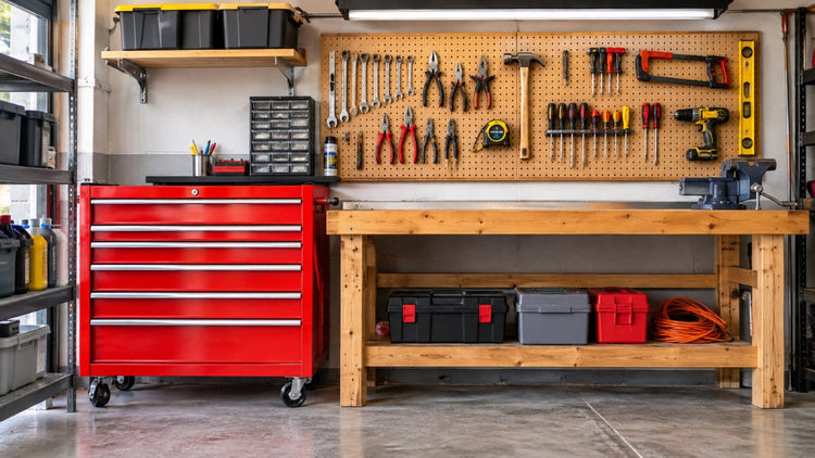 A rolling tool chest and a fixed workbench side by side in a garage