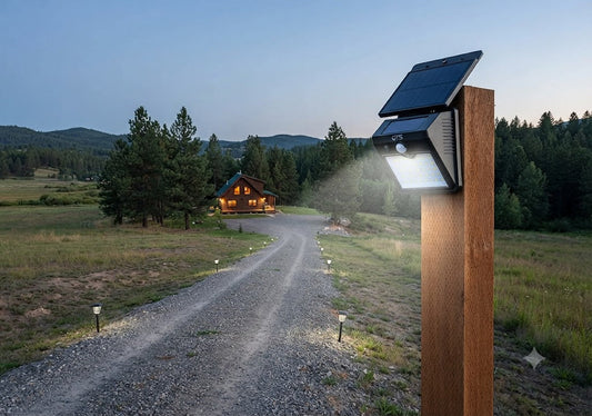 A solar-powered motion sensor security light mounted on a wooden post, illuminating a gravel driveway leading toward a remote cabin nestled in trees at twilight.