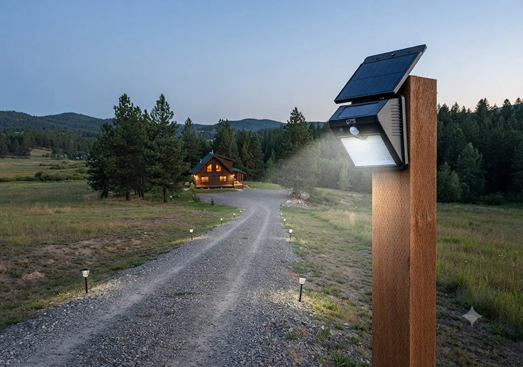 A solar-powered motion sensor security light mounted on a wooden post, illuminating a gravel driveway leading toward a remote cabin nestled in trees at twilight.