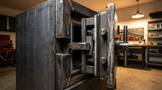 Cross-section of a thick steel safe wall showing heavy-gauge metal.