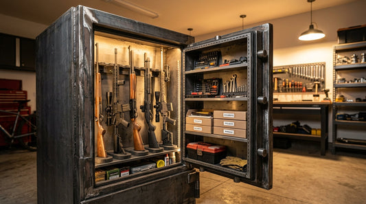 An open large safe showing long guns, tools, and documents on adjustable shelves.