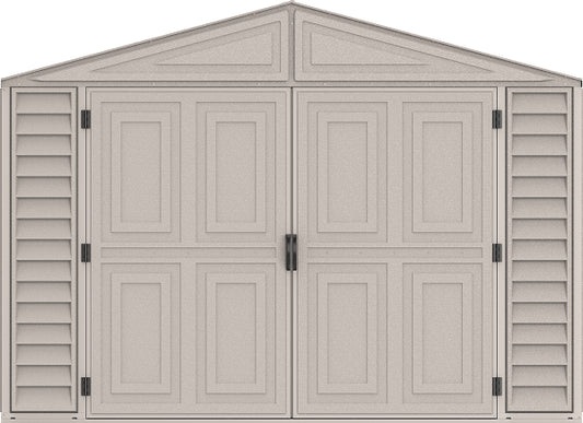 Duramax Vinyl Garage 10.5x28.5 w/ Foundation 2 Windows Front Door View 15526