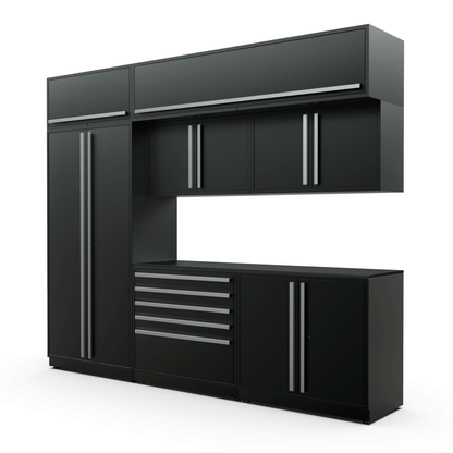 Proslat FusionPlus 10 ft MAX cabinet set with overheads in Black with Silver handles and a Powder Coated worktop