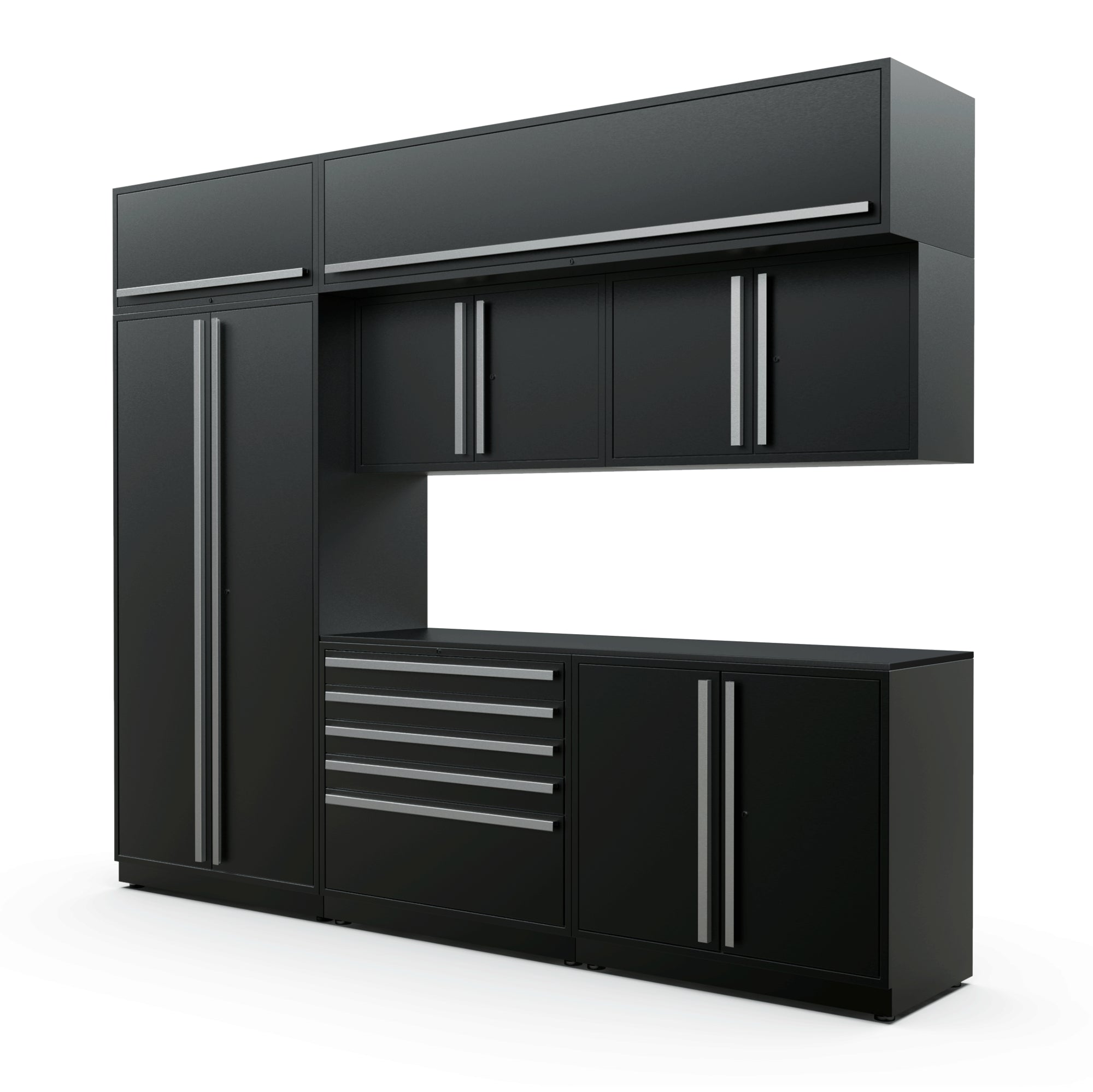 Proslat FusionPlus 10 ft MAX cabinet set with overheads in Black with Silver handles and a Powder Coated worktop