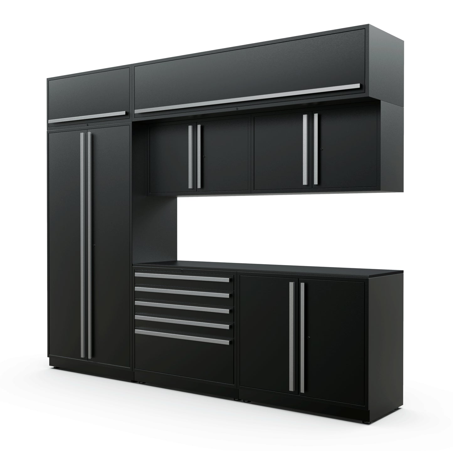 Proslat FusionPlus 10 ft MAX cabinet set with overheads in Black with Silver handles and a Powder Coated worktop