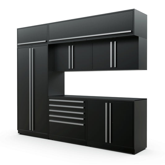Proslat FusionPlus 10 ft MAX cabinet set with overheads in Black with Silver handles and a Powder Coated worktop