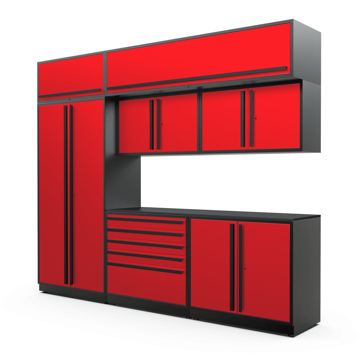 Proslat FusionPlus 10 ft MAX cabinet set with overheads in Traffic Red with Black handles and a Powder Coated worktop