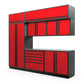 Proslat FusionPlus 10 ft MAX cabinet set with overheads in Traffic Red with Black handles and a Stainless Steel worktop