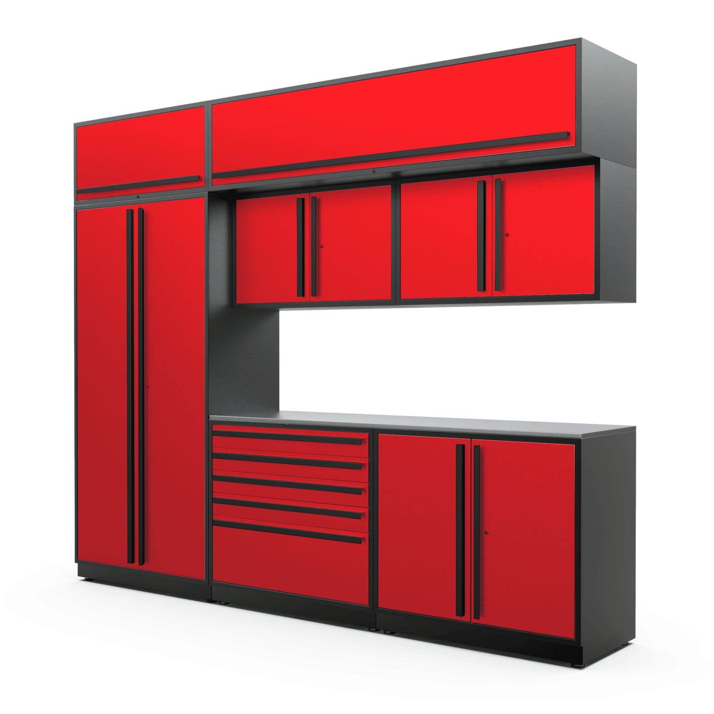 Proslat FusionPlus 10 ft MAX cabinet set with overheads in Traffic Red with Black handles and a Stainless Steel worktop