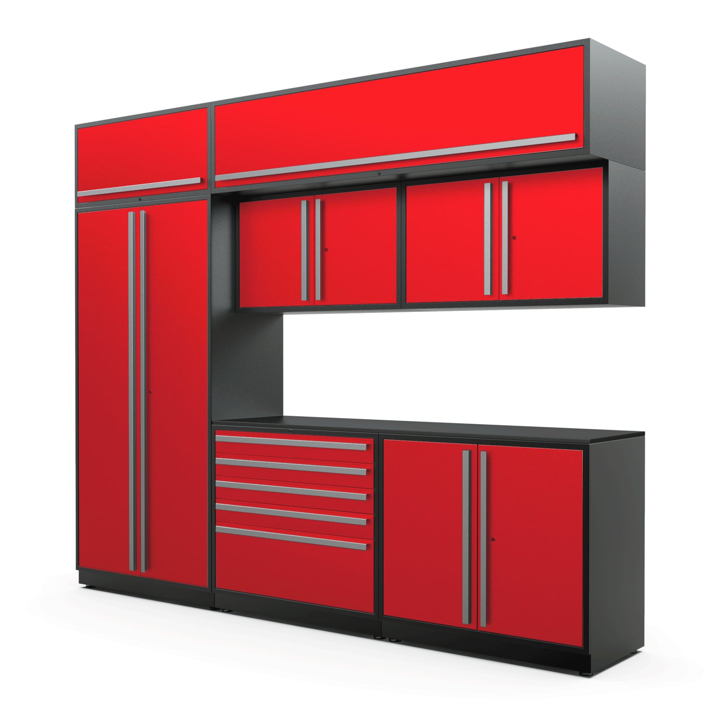 Proslat FusionPlus 10 ft MAX cabinet set with overheads in Traffic Red with Silver handles and a Powder Coated worktop
