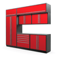 Proslat FusionPlus 10 ft MAX cabinet set with overheads in Traffic Red with Silver handles and a Stainless Steel worktop