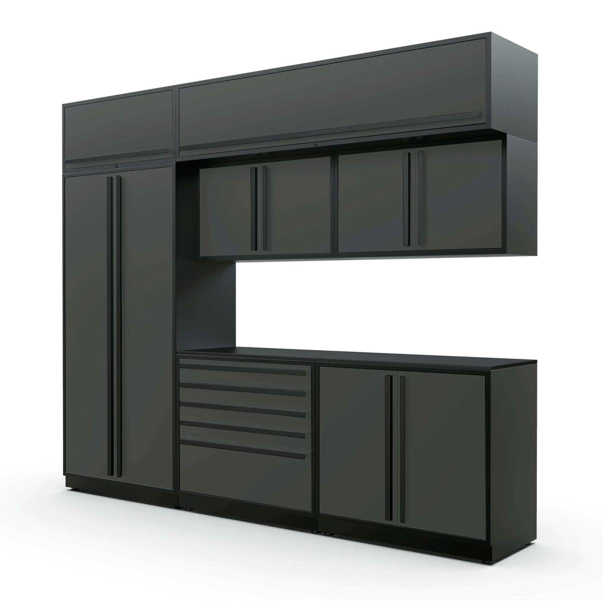 Proslat FusionPlus 10 ft MAX cabinet set with overheads in Traffic Gray with Black handles and a Powder Coated worktop