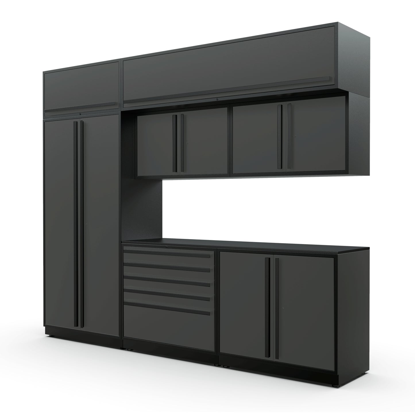 Proslat FusionPlus 10 ft MAX cabinet set with overheads in Traffic Gray with Black handles and a Powder Coated worktop
