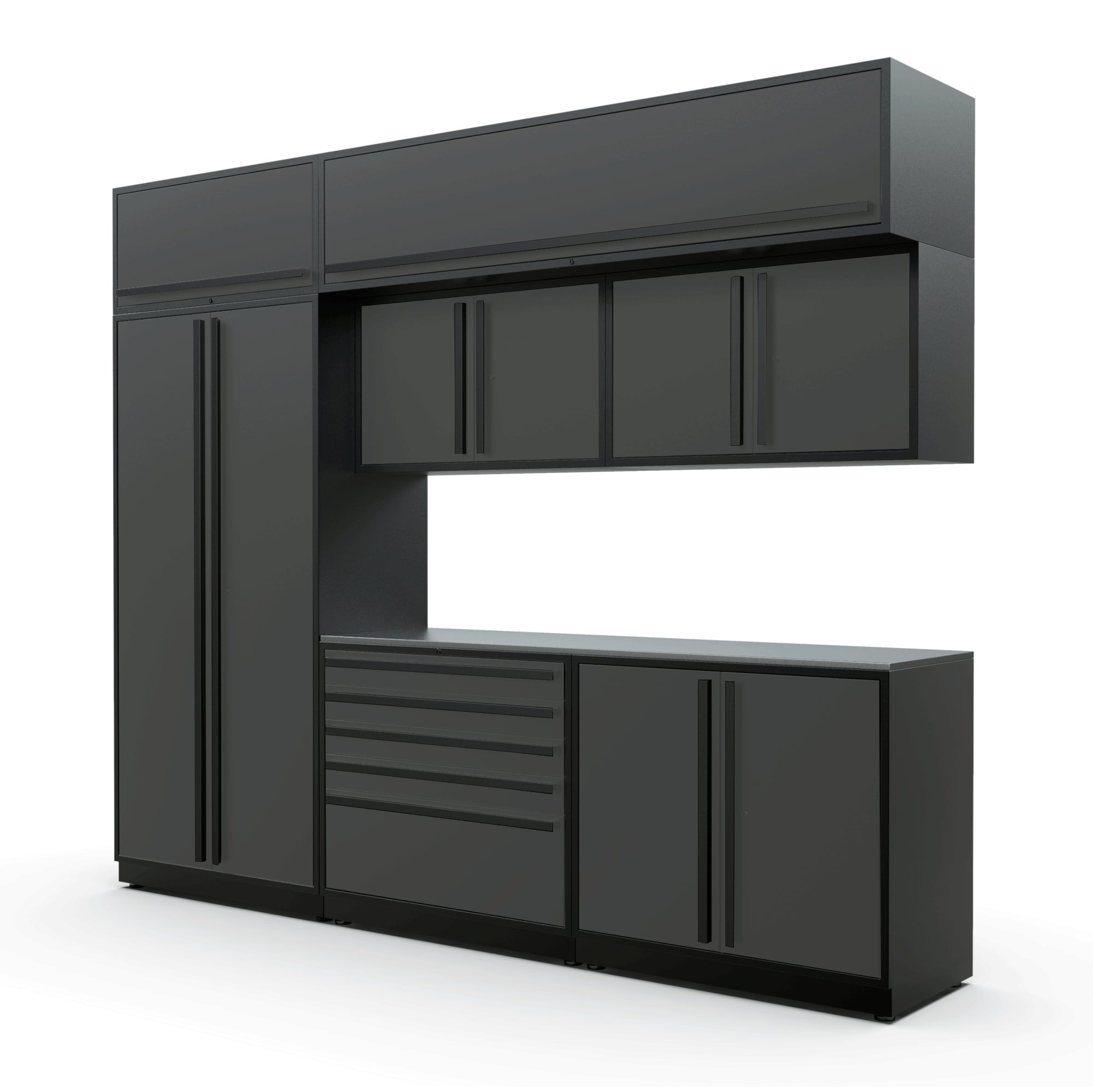 Proslat FusionPlus 10 ft MAX cabinet set with overheads in Traffic Gray with Black handles and a Stainless Steel worktop