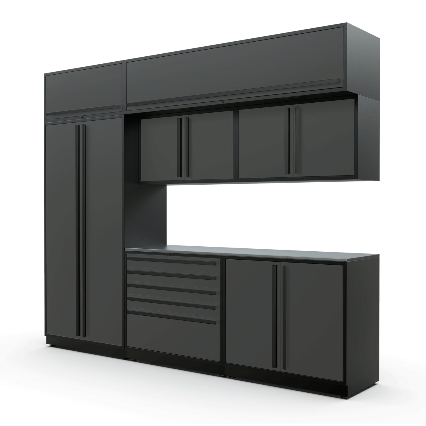 Proslat FusionPlus 10 ft MAX cabinet set with overheads in Traffic Gray with Black handles and a Stainless Steel worktop