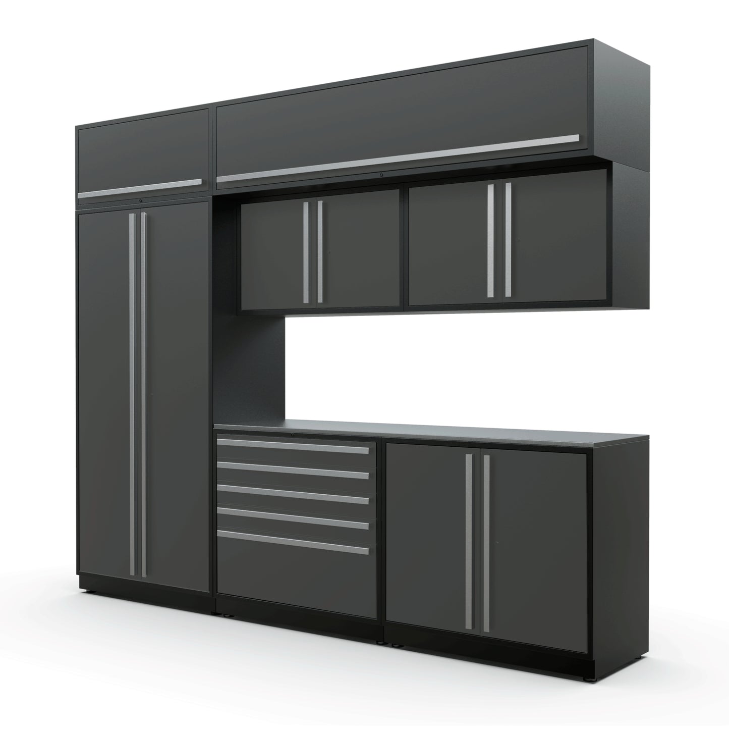 Proslat FusionPlus 10 ft MAX cabinet set with overheads in Traffic Gray with Silver handles and a Stainless Steel worktop