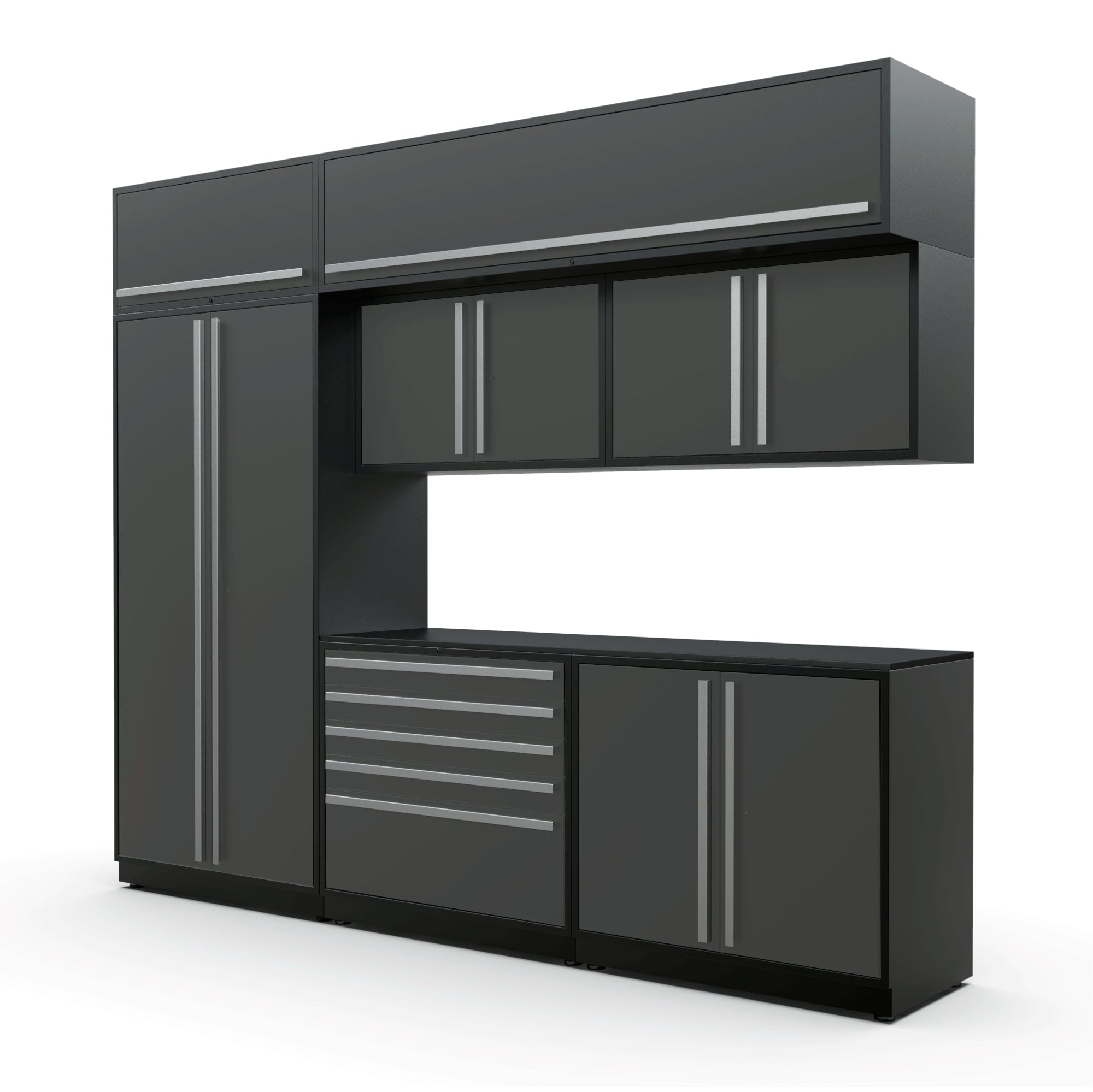 Proslat FusionPlus 10 ft MAX cabinet set with overheads in Traffic Gray with Silver handles and a Powder Coated worktop