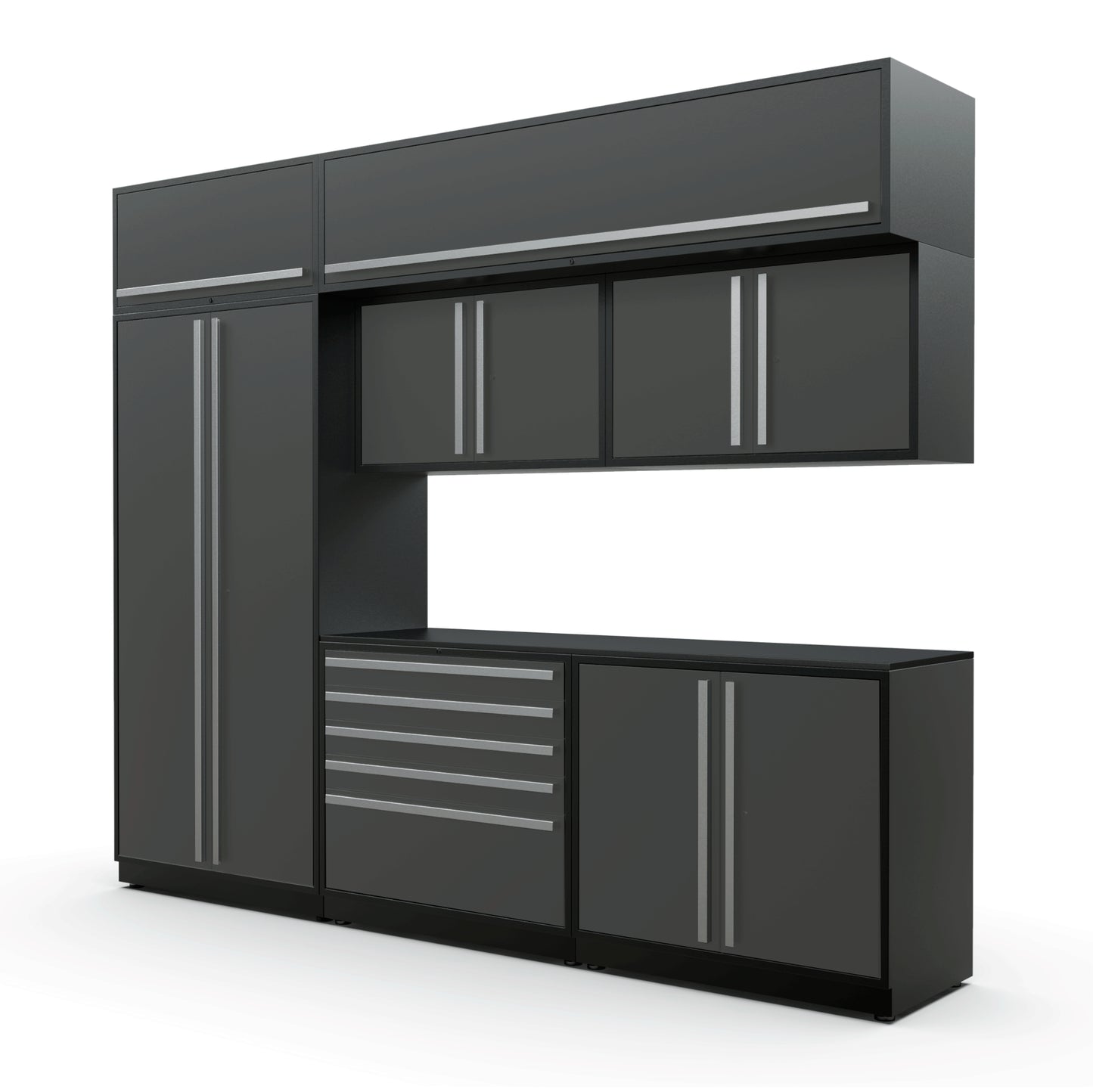 Proslat FusionPlus 10 ft MAX cabinet set with overheads in Traffic Gray with Silver handles and a Powder Coated worktop