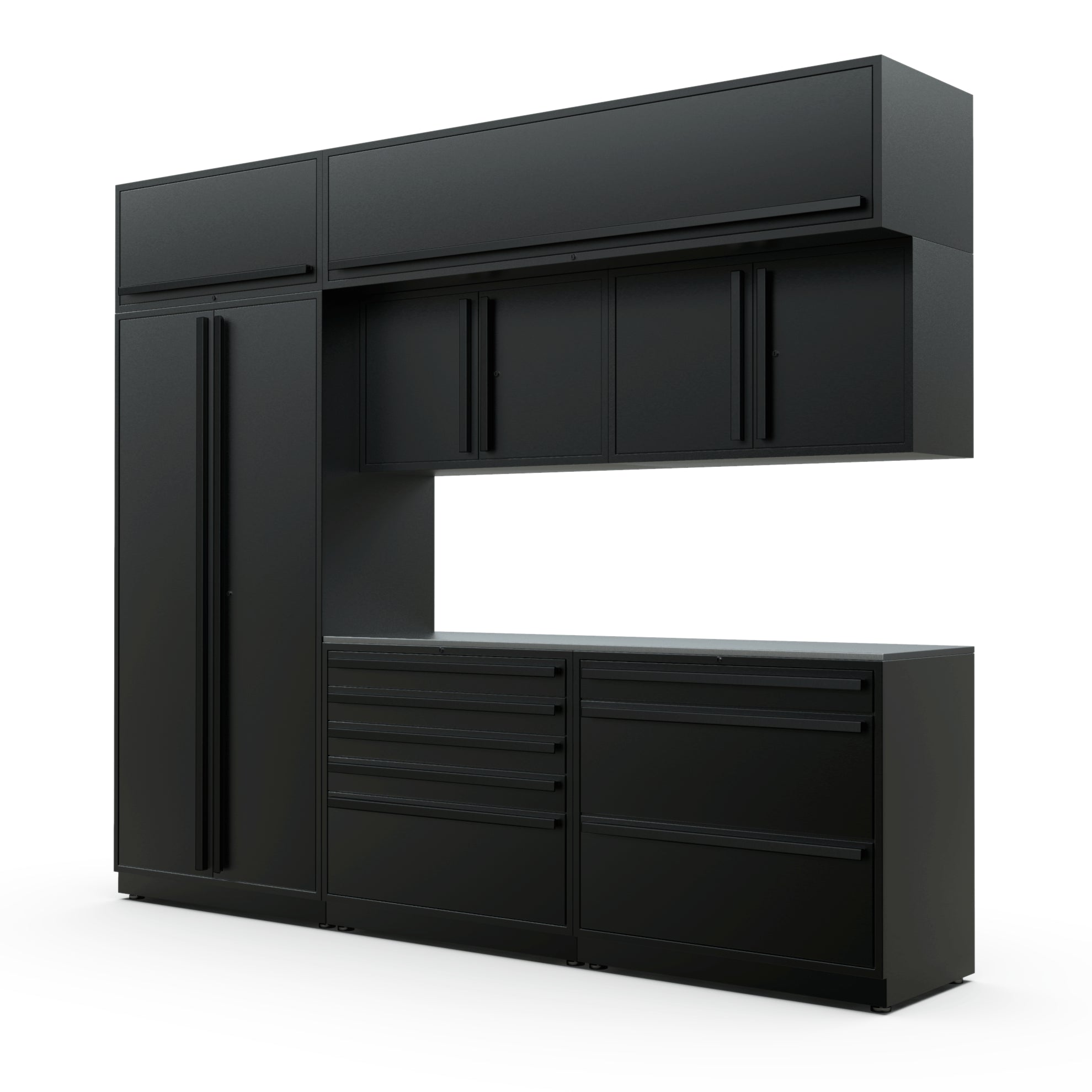 Proslat FusionPlus 10 ft TOOL cabinet set with overheads in Black with Black handles and a Stainless Steel worktop