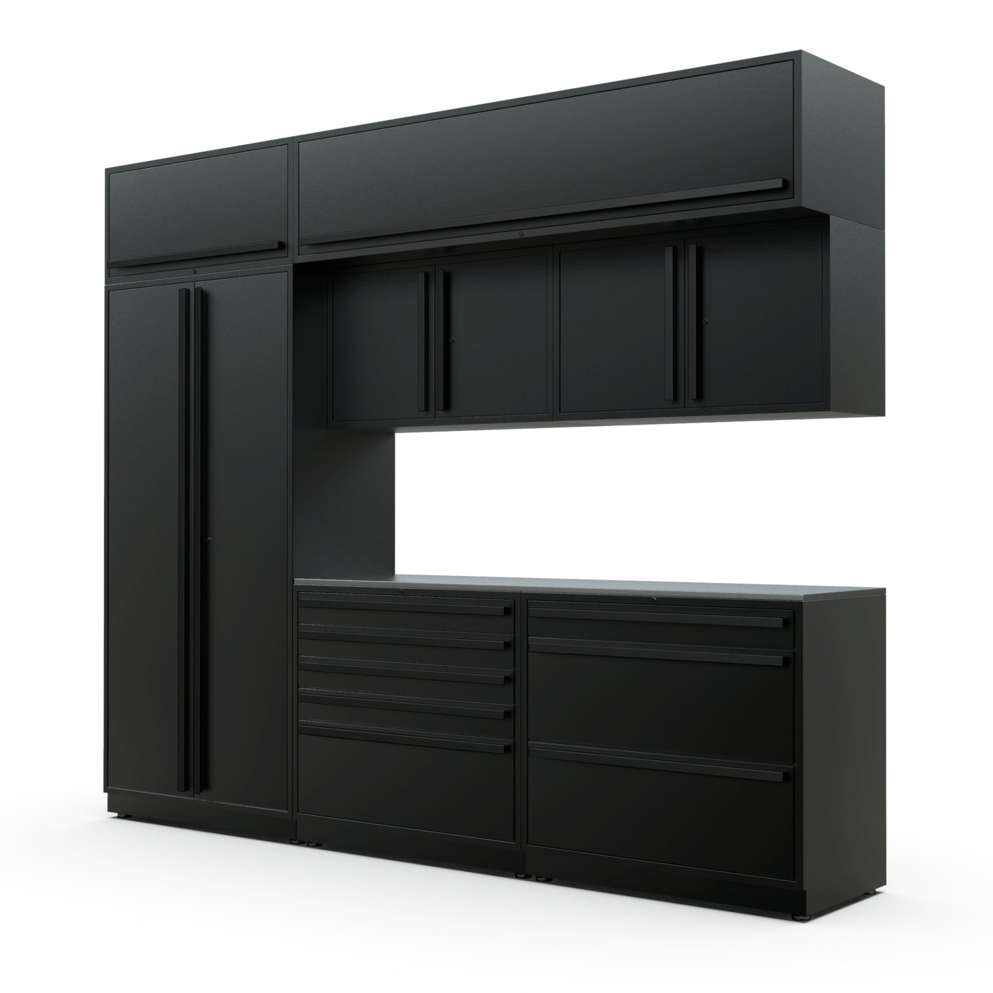 Proslat FusionPlus 10 ft TOOL cabinet set with overheads in Black with Black handles and a Stainless Steel worktop