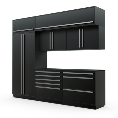 Proslat FusionPlus 10 ft TOOL cabinet set with overheads in Black with Silver handles and a Powder Coated worktop